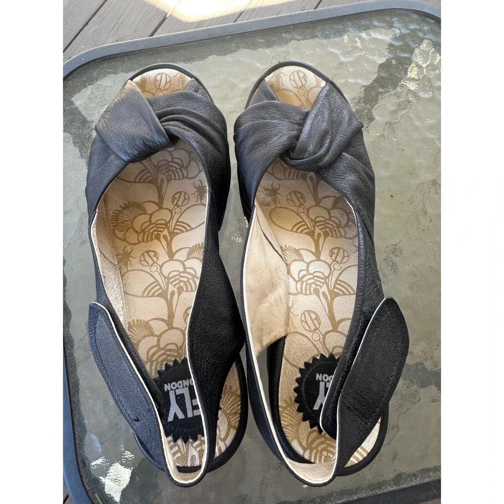 Fly London Yala Black Leather Wedge Slingback Peep Toe Sandal Women 40 or US 9.5